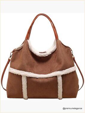 Vintage Suede Tote Bag with Faux Sherpa Lining Large Capacity 5-Pocket Satchel